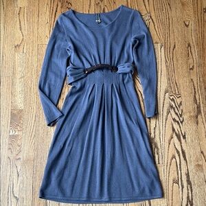 Marc Cain Slate Blue Long Sleeve Knit Dress with Waist Accent purplish gray